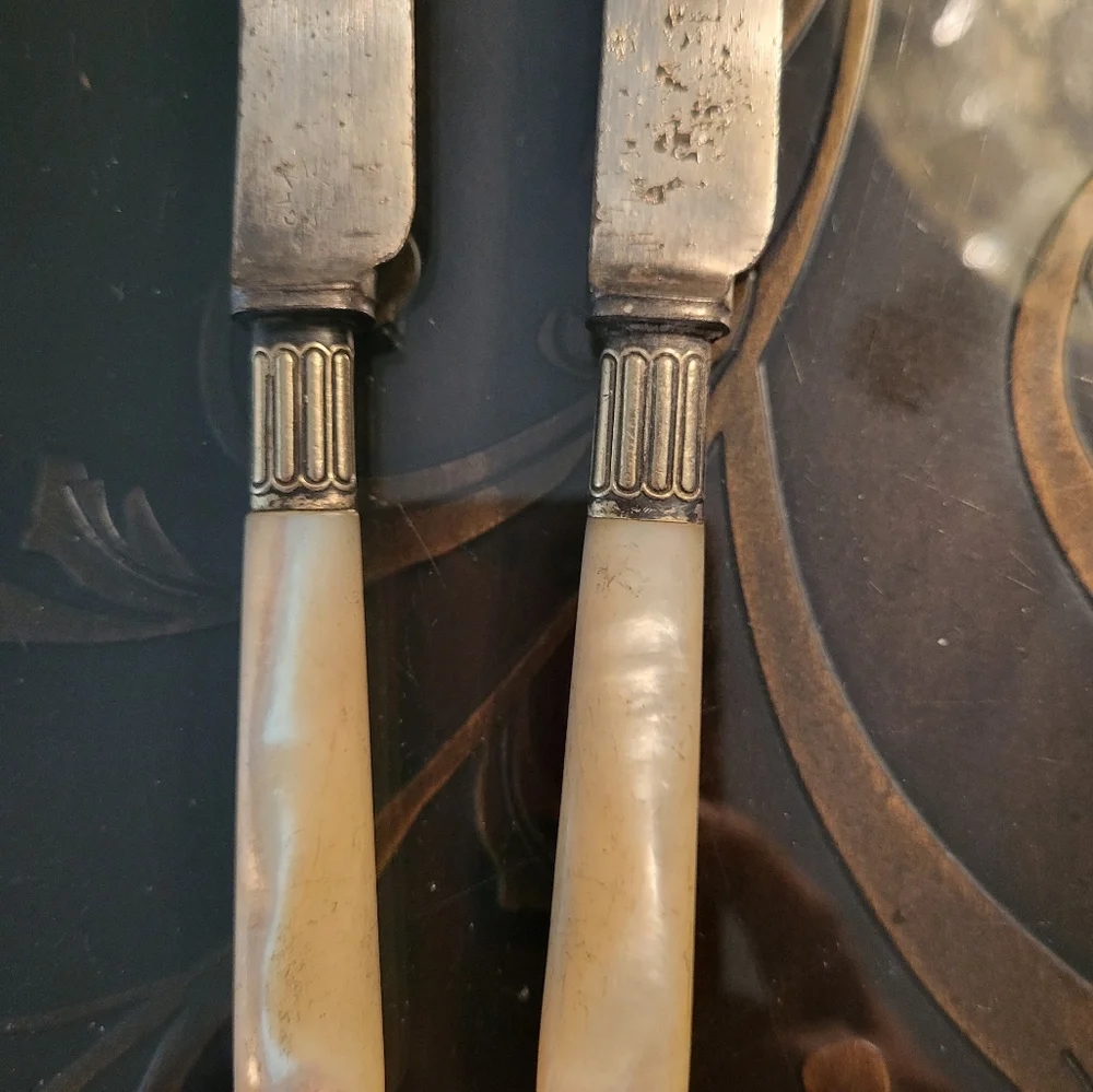 Antique Mother of Pearl Handle Knife Cutlery Marked Silverplate Lot of 2